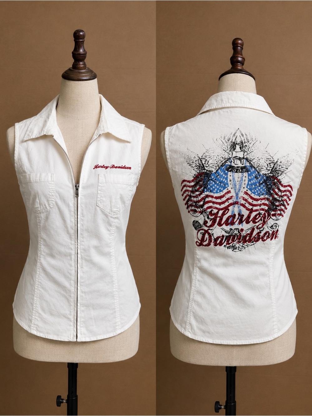 Harley-Davidson White Sleeveless Zip-Front Shirt with Red Script Logo